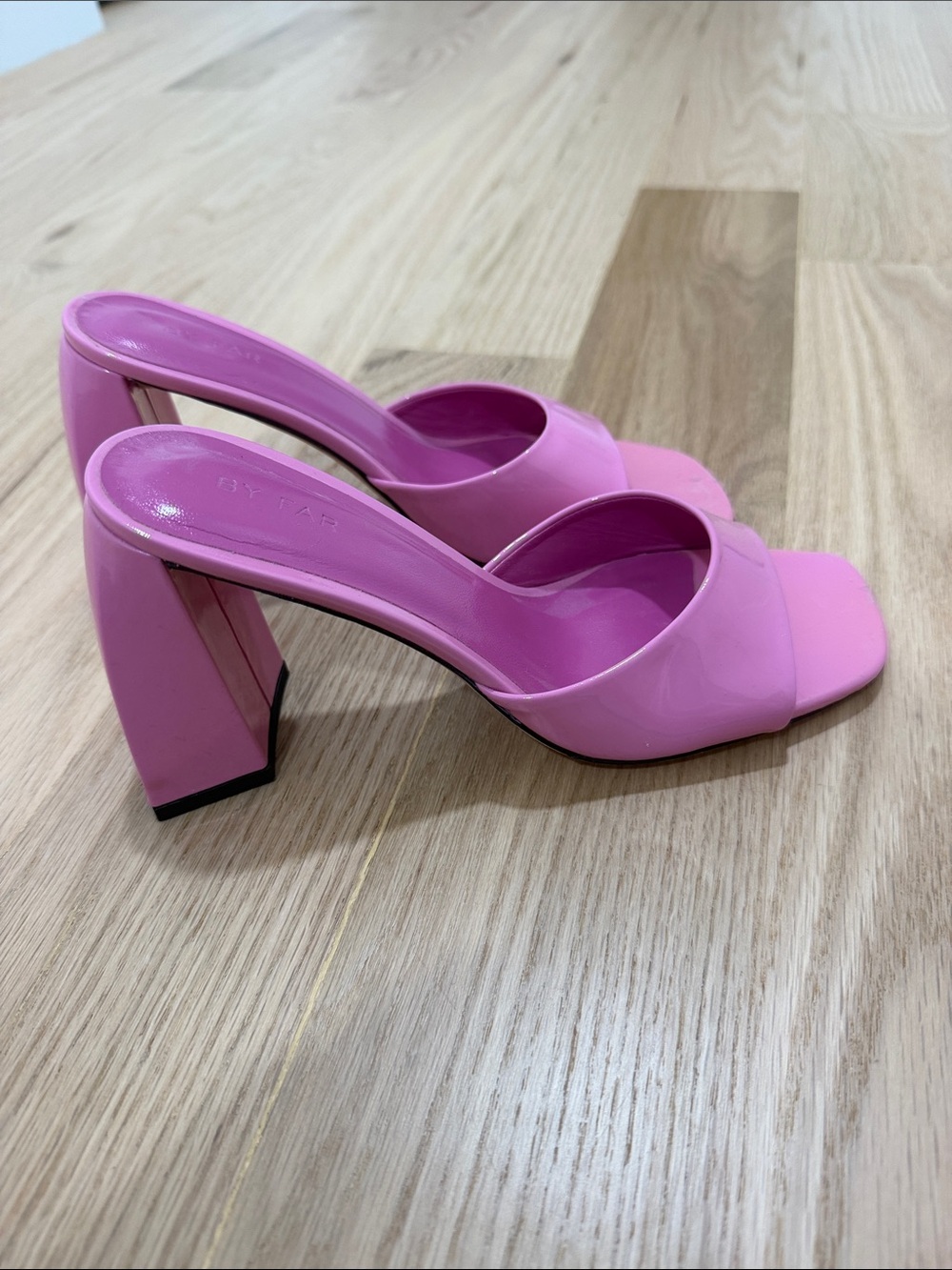 BY FAR Bubblegum Pink Block Heel Slide Sandals